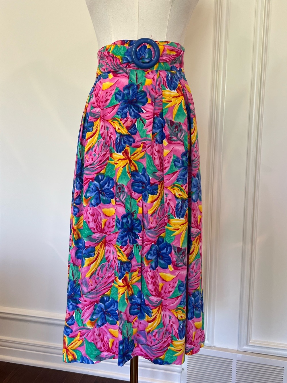 Vintage Tropical Floral Midi Skirt High Waist Belted Resort Euro Summer Rayon